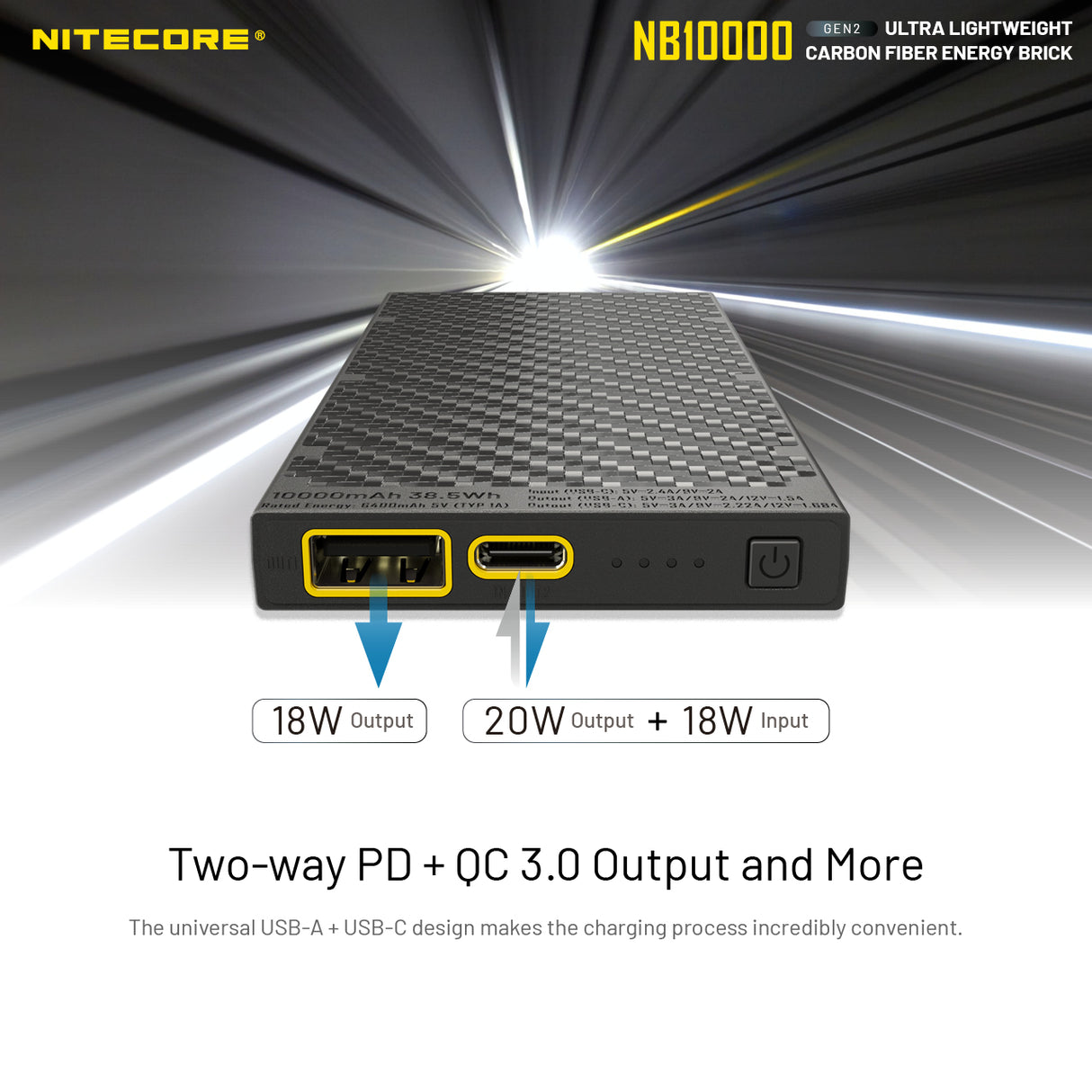 Nitecore NB10000 Silver Gen 2 Quick-Charge USB/USB-C Dual Port 10000mAh Power Bank