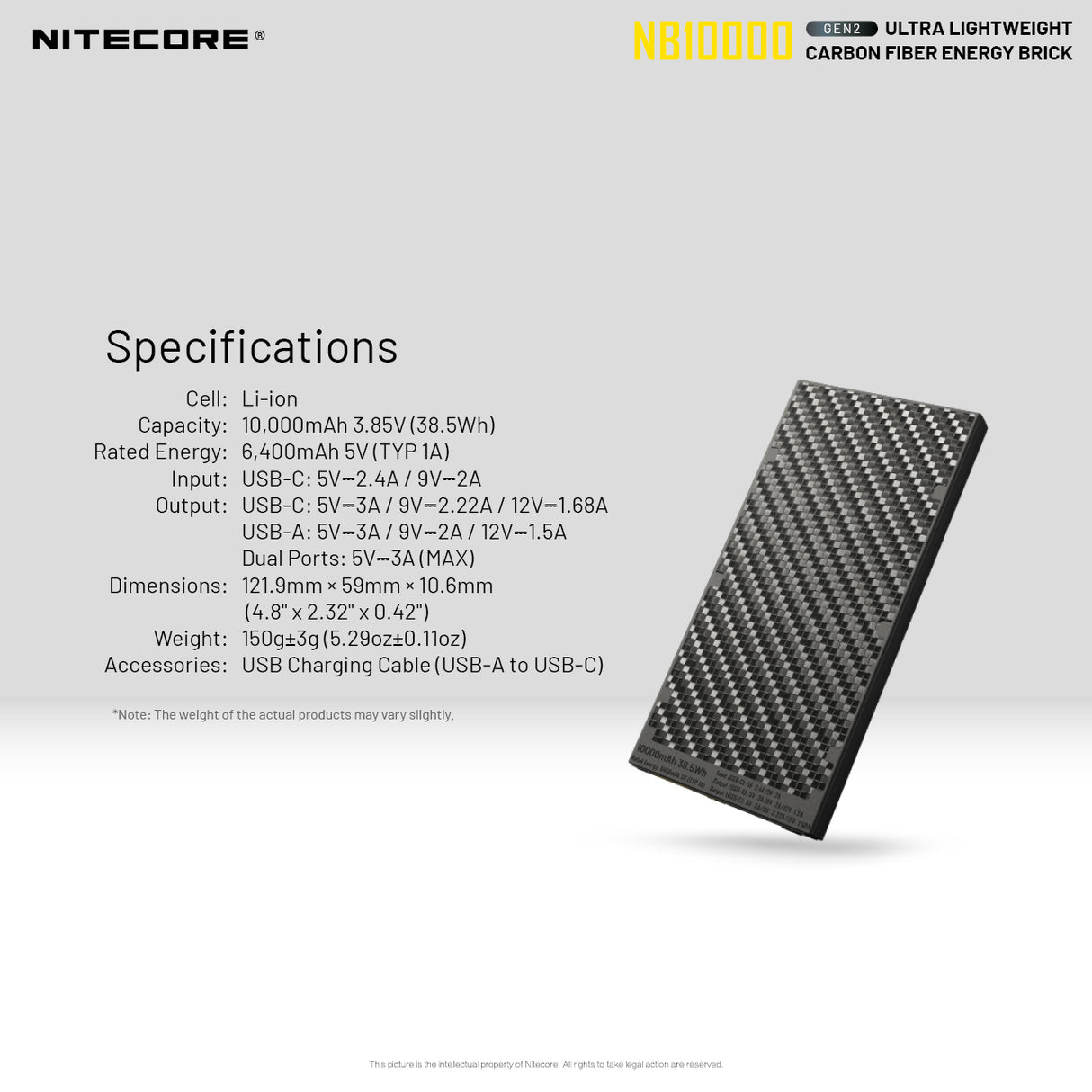 Nitecore NB10000 Silver Gen 2 Quick-Charge USB/USB-C Dual Port 10000mAh Power Bank
