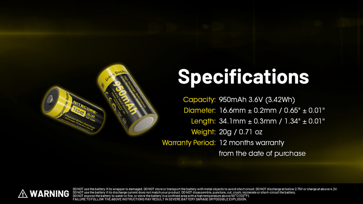Nitecore NL169 950mAh Rechargeable RCR123A 16340 Battery
