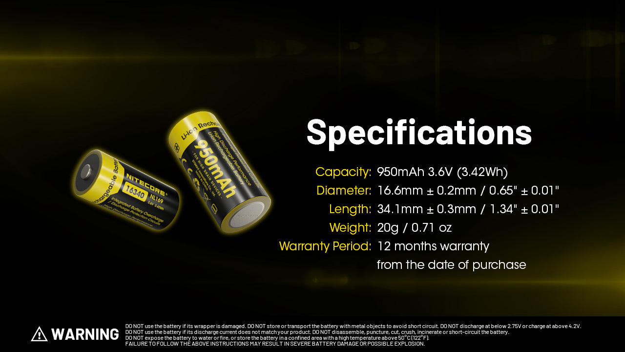 Nitecore NL169 950mAh Rechargeable RCR123A 16340 Battery