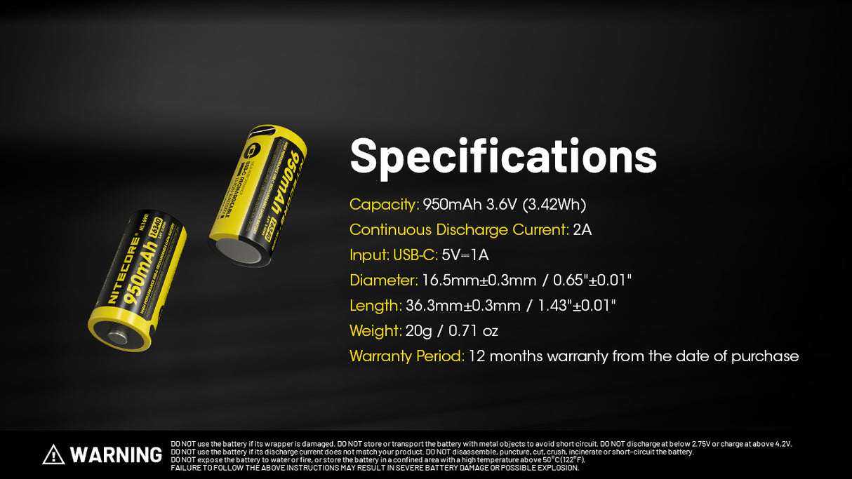 Nitecore NL169R 950mAh Rechargeable RCR123 16340 Battery with USB-C Charging Port