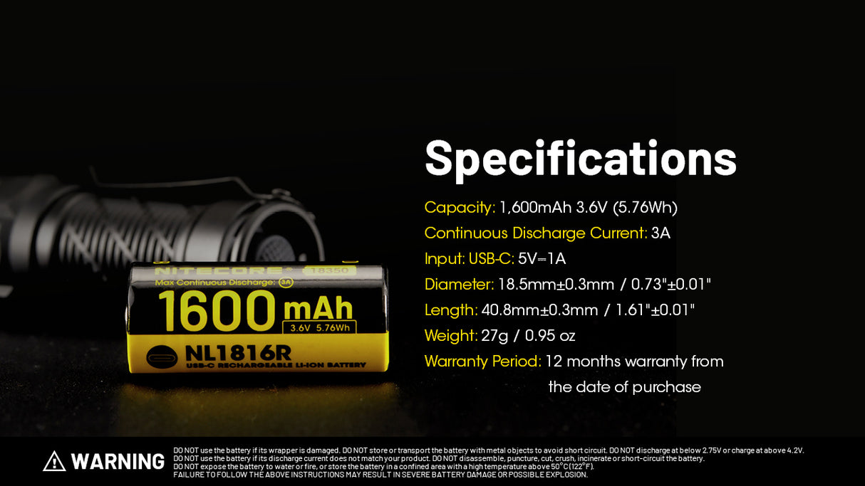 Nitecore NL1816R 1600mAh USB-C Rechargeable Battery, Customized for MT1C Pro