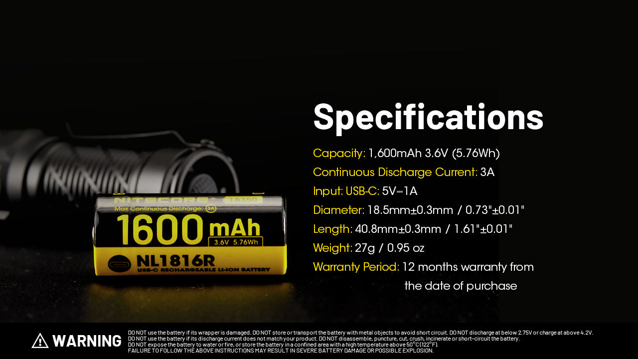 Nitecore NL1816R 1600mAh USB-C Rechargeable Battery, Customized for MT1C Pro