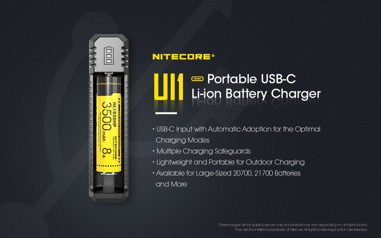 Nitecore UI1 USB-C Charger, for 18650, 21700, 18350, 20700 etc Batteries