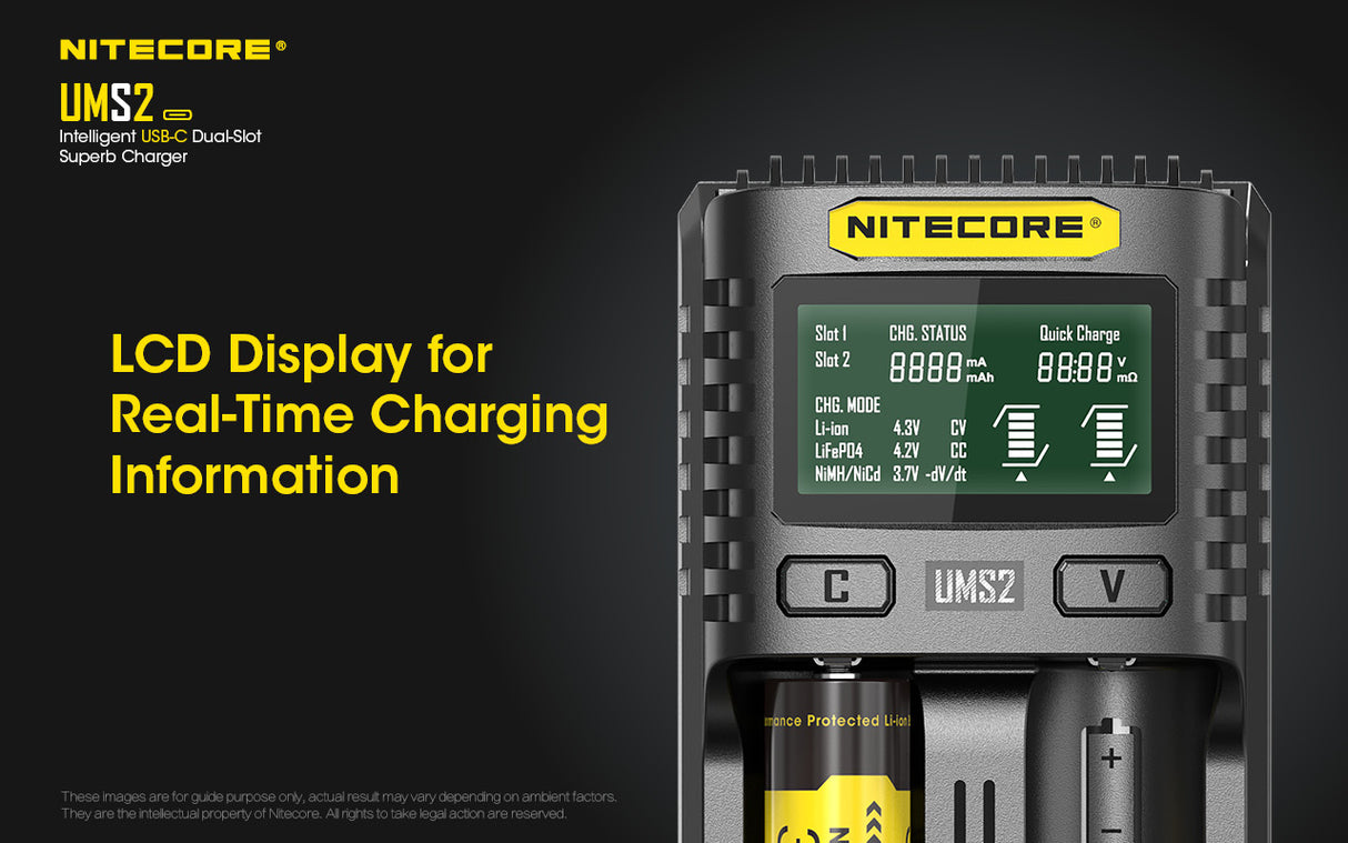 Nitecore UMS2 Dual-Slot USB-C Fast Charger, for 18650, 21700 batteries