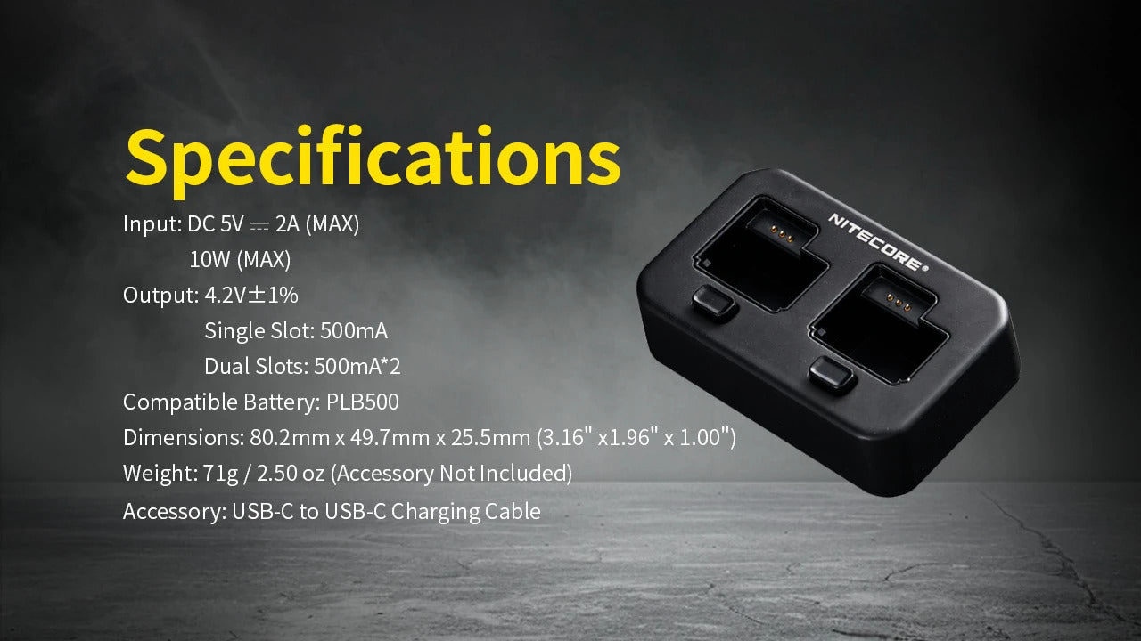 Nitecore PLC500 USB-C Dual-Slot Charger for the PLB500 Battery