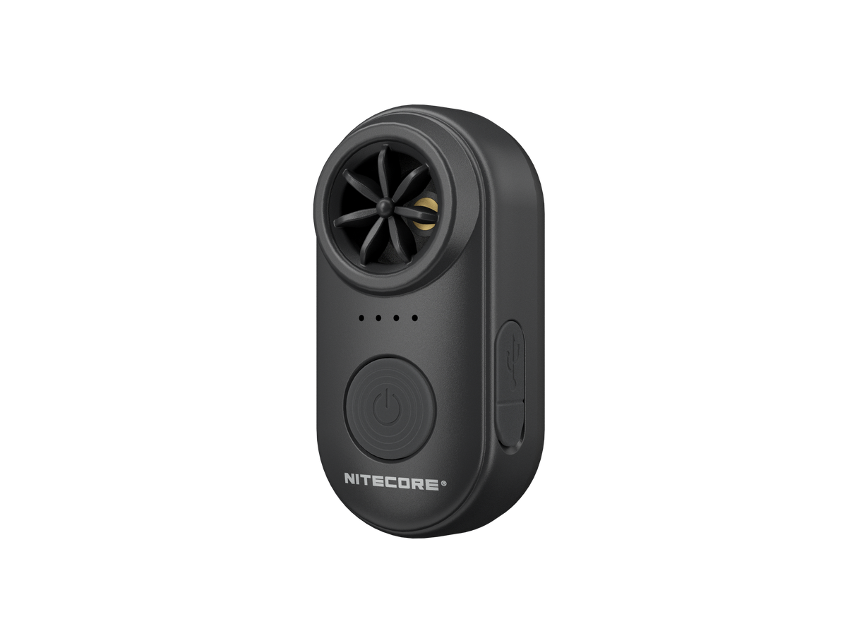 A compact handheld electronic whistle in black, featuring a circular fan grille, four indicator lights, a large power button, and a USB-C port on a plain white background.