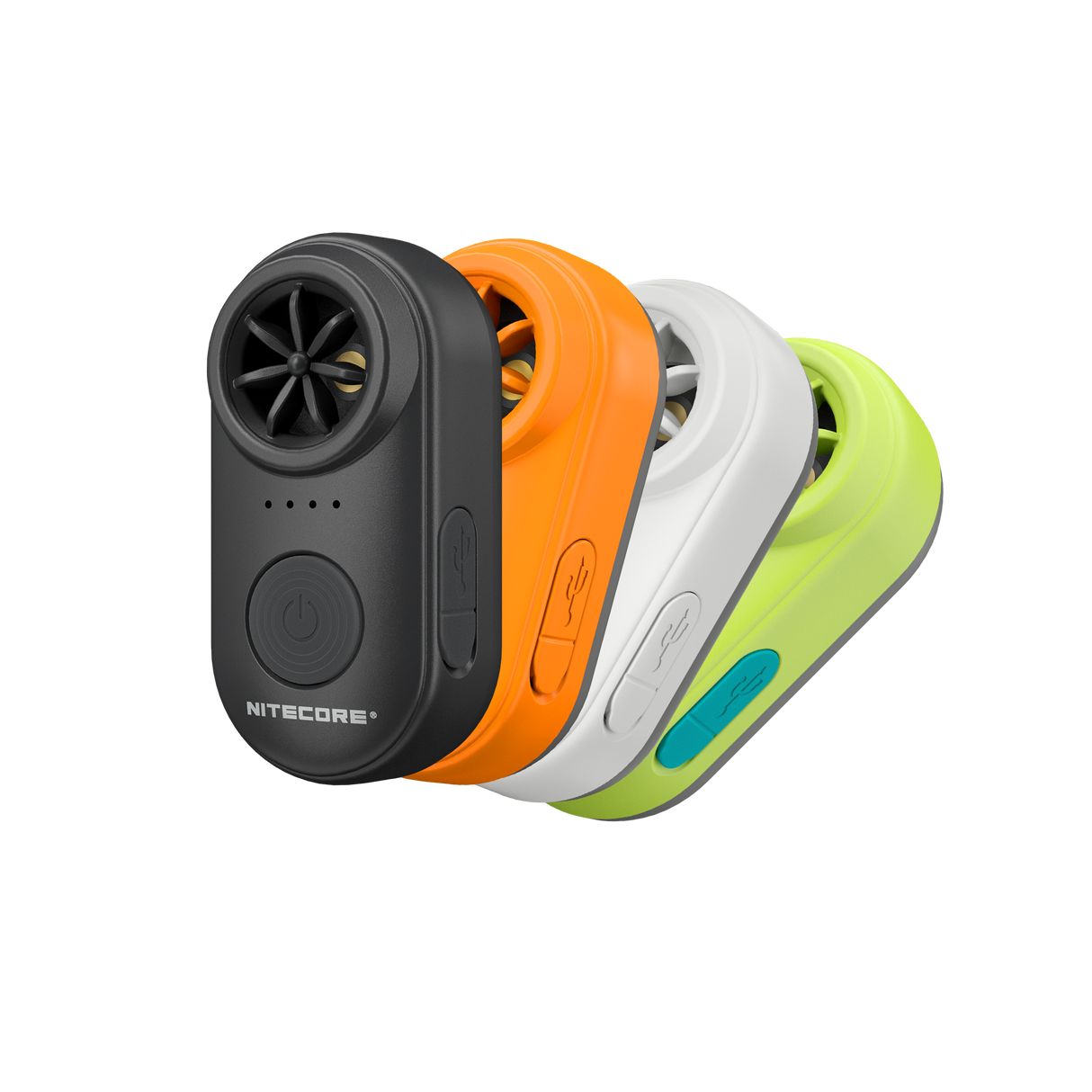 Four Nitecore portable mini fans in black, orange, white, and lime green, arranged in a diagonal stack on a solid white background.