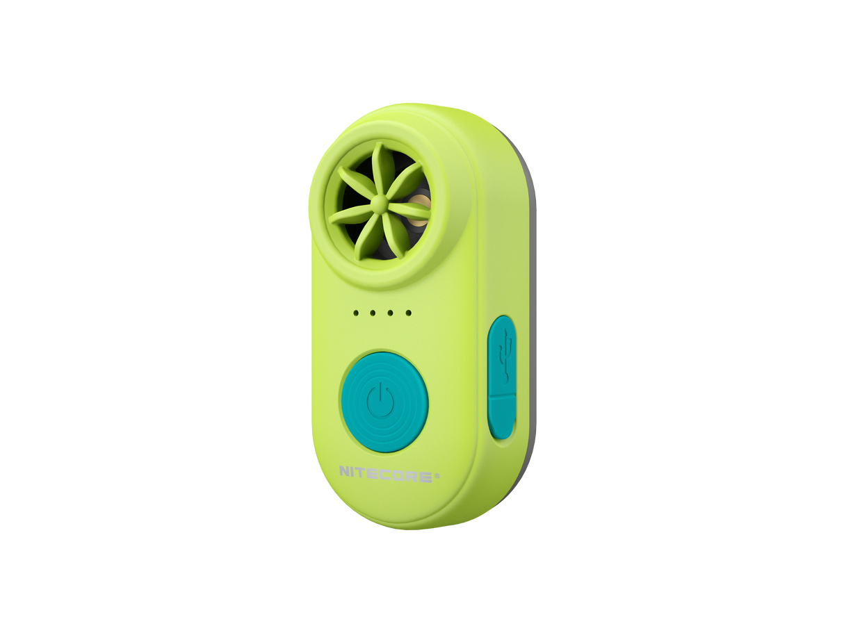 A compact handheld electronic whistle in lime green and teal, featuring a circular fan grille, four indicator lights, a large power button, and a USB-C port on a plain white background.