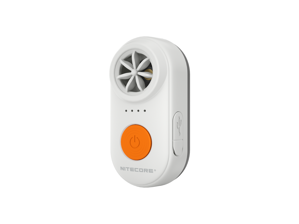A compact handheld electronic whistle in white, featuring a circular fan grille, four indicator lights, a large power button, and a USB-C port on a plain white background.