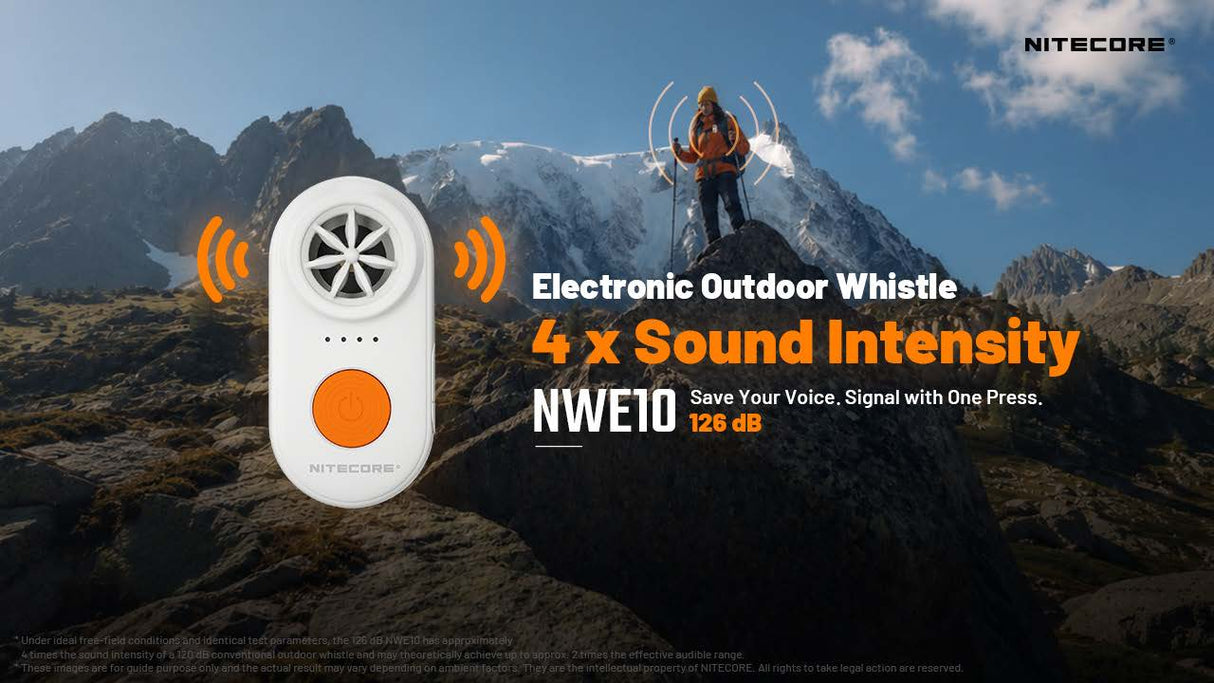 A Nitecore NWE10 electronic outdoor whistle is shown in a large white and orange design, set against a background of a mountain climber on a rocky mountain peak. The image includes promotional text highlighting its 4x sound intensity and 126 dB volume.