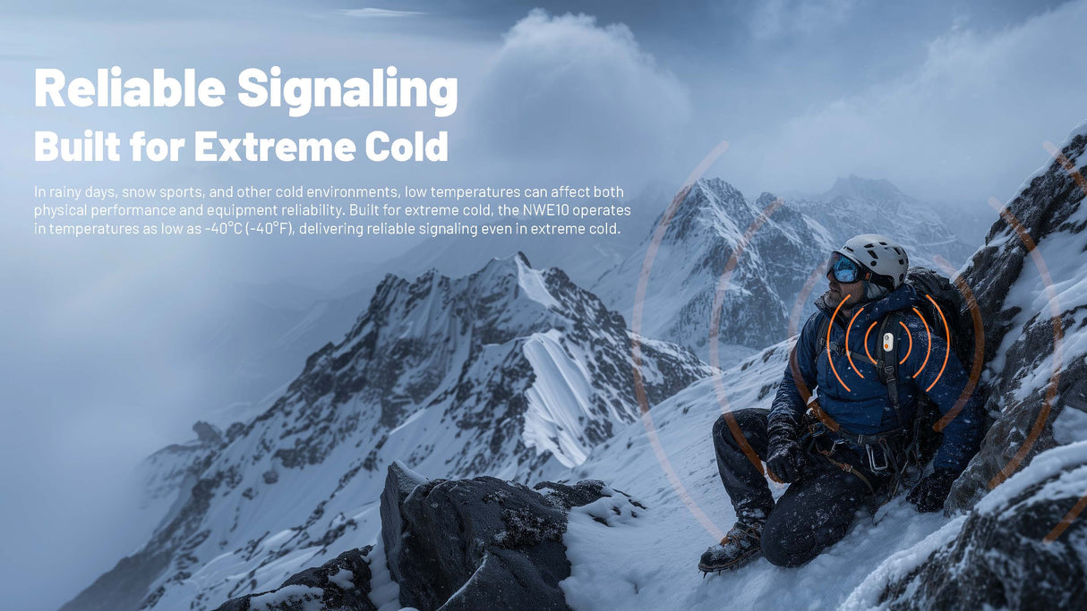 A person in winter mountaineering gear sits on a snowy mountain slope, with overlaid text reading 'Reliable Signaling Built for Extreme Cold' and orange signal graphics indicating communication.