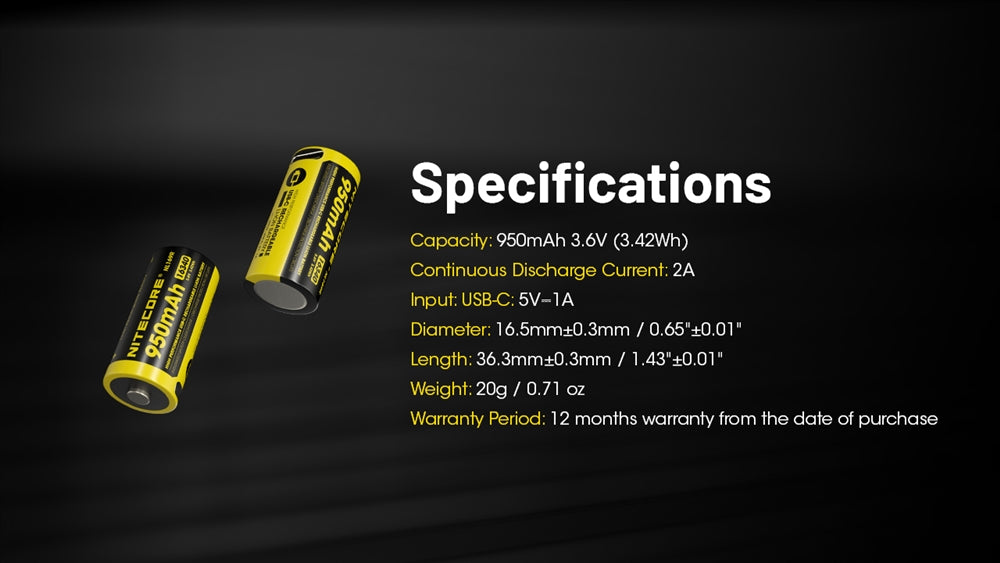 Nitecore NL169R 950mAh Rechargeable RCR123 16340 Battery with USB-C Charging Port - 4 Pack - Used