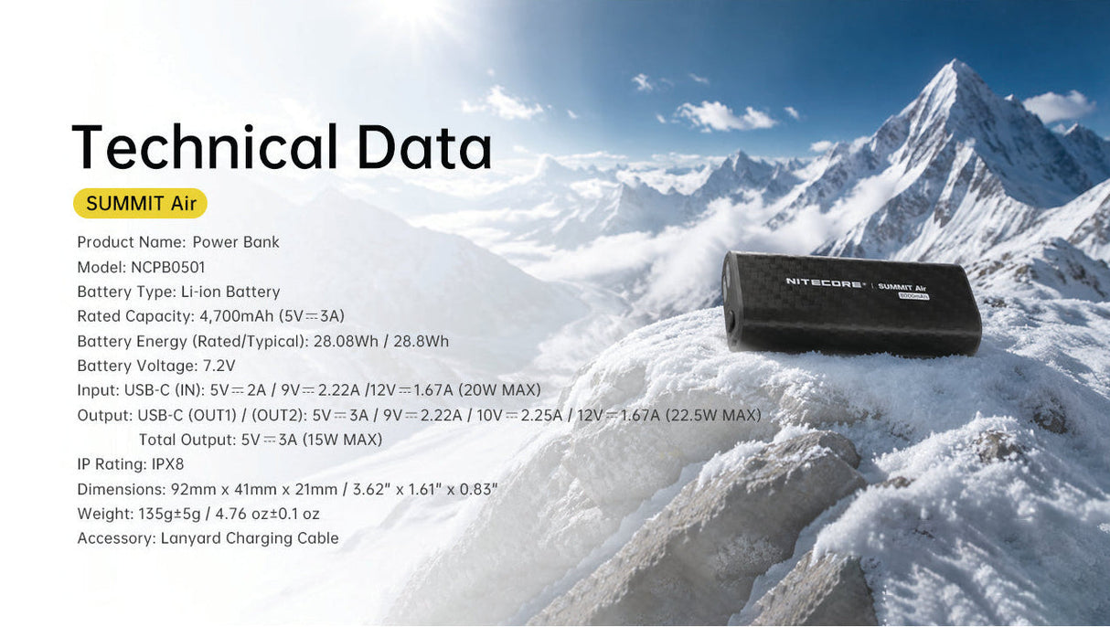 Technical data sheet for the SUMMIT Air product, featuring a snowy mountain landscape background and a black rectangular battery pack on the right. The left side contains product specifications and technical details in black text.