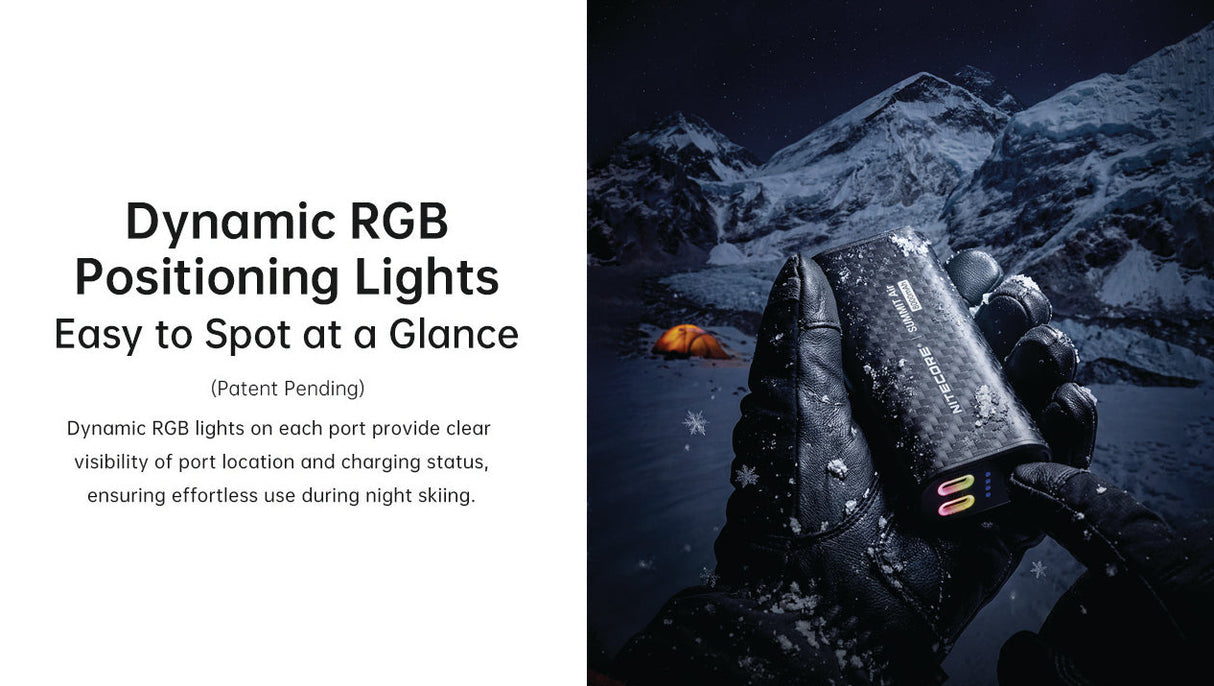 A promotional graphic for a dynamic RGB positioning light. The left side features text explaining the product's function for night skiing, while the right side shows a gloved hand holding the carbon-fiber-look device against a snowy mountain night scene with illuminated camp lights in the background.
