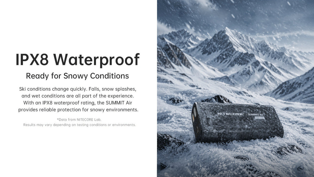 A promotional graphic for the SUMMIT Air IPX8 waterproof power bank. The left side features text detailing the IPX8 waterproof rating and suitability for snowy conditions, the right side shows the SUMMIT Air against a snowy mountain range.