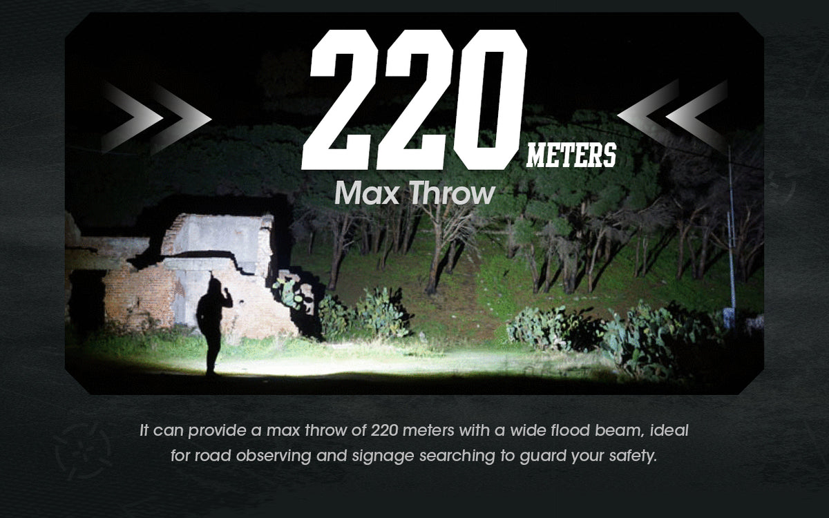 Man near some ruins in a forest luminating a nearby path at night with text "220 meters max throw" with additional promotional text about the flood beam.