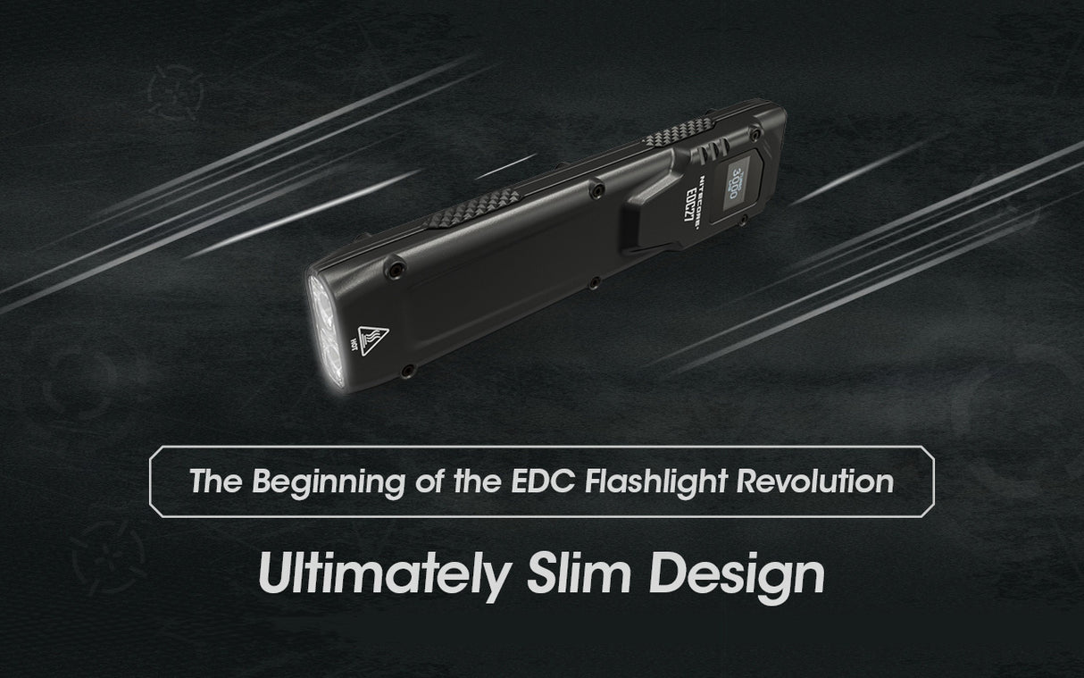 EDC27 at an angle on a grey textured background with text "The Beginning of the EDC Flashlight Revolution Ultimately Slim Design".