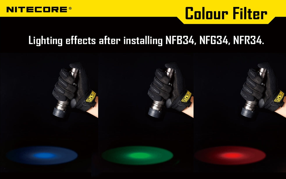 Nitecore 34mm Red Green Blue Filter (NFR34, NFG34, NFB34) or White Diffuser (NFD34) for EC45S, SRT6, MT25, MT26