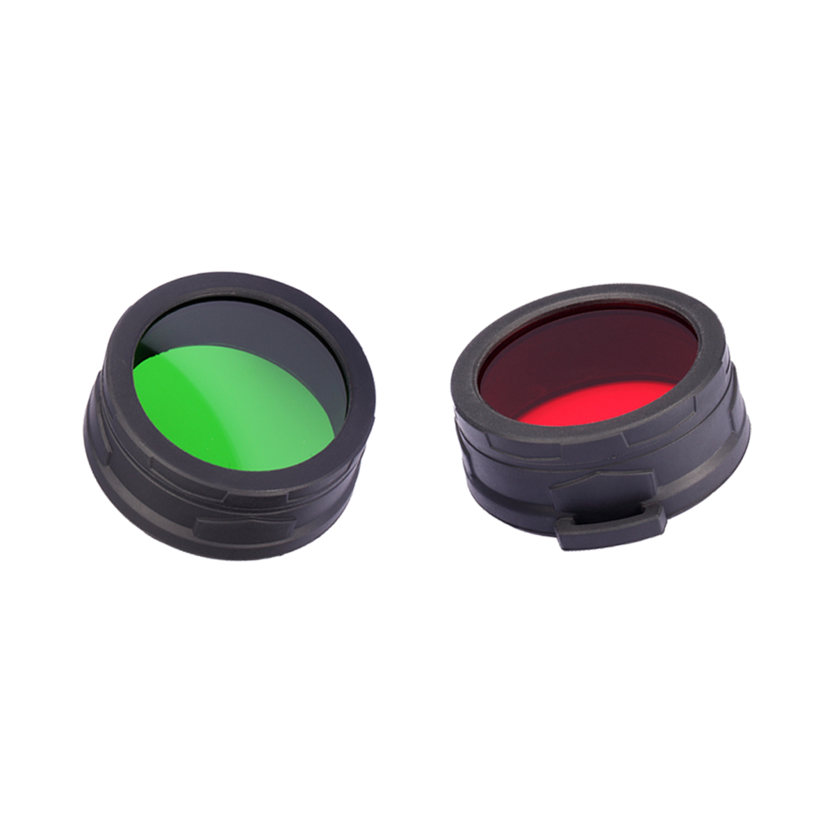 Two Nitecore 65mm filters with coated glass lens and rubber frame for flashlights with 65mm head diameters. One in green, one in red.