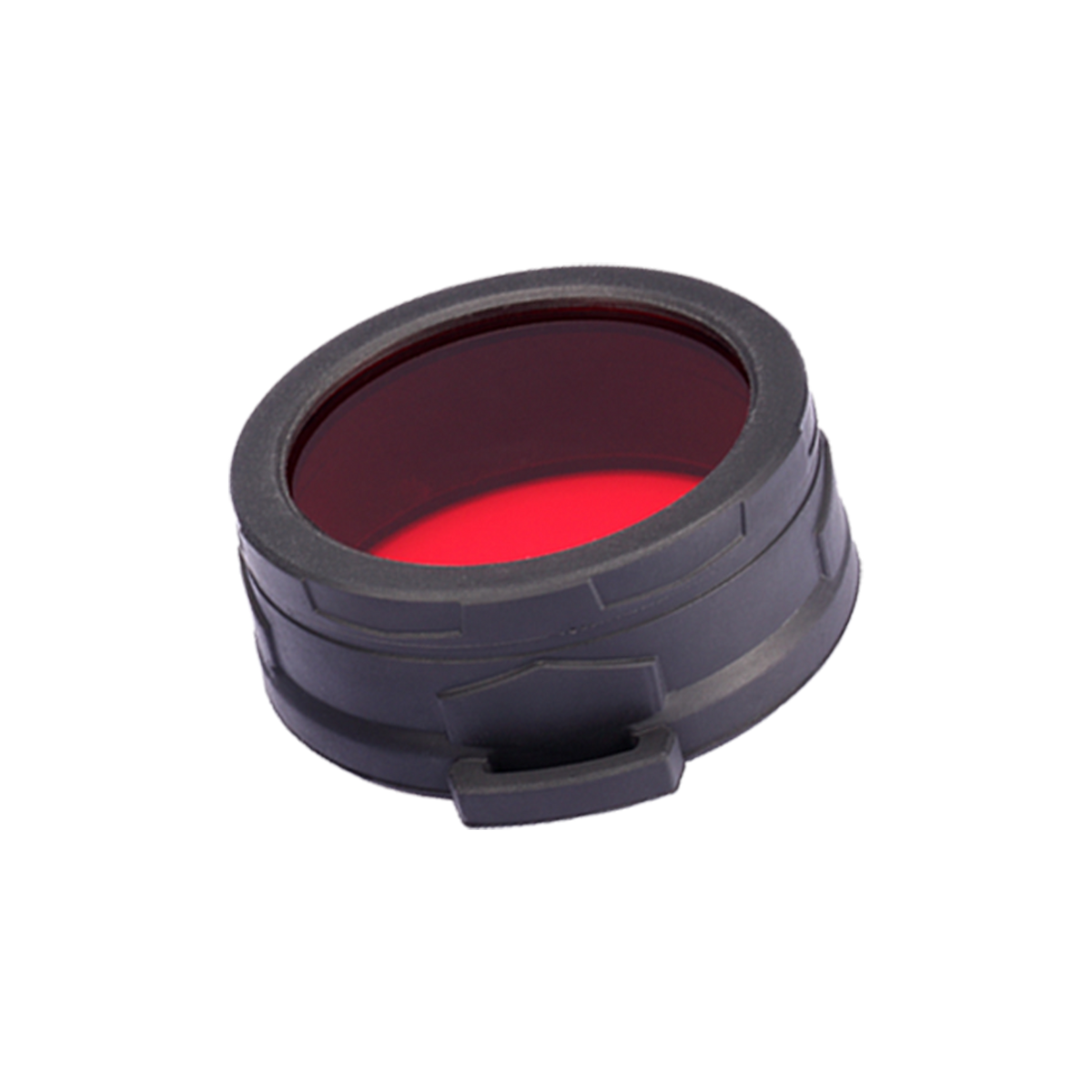 Nitecore NFR65 65mm filter with red coated glass lens and rubber frame for flashlights with 65mm head diameters.
