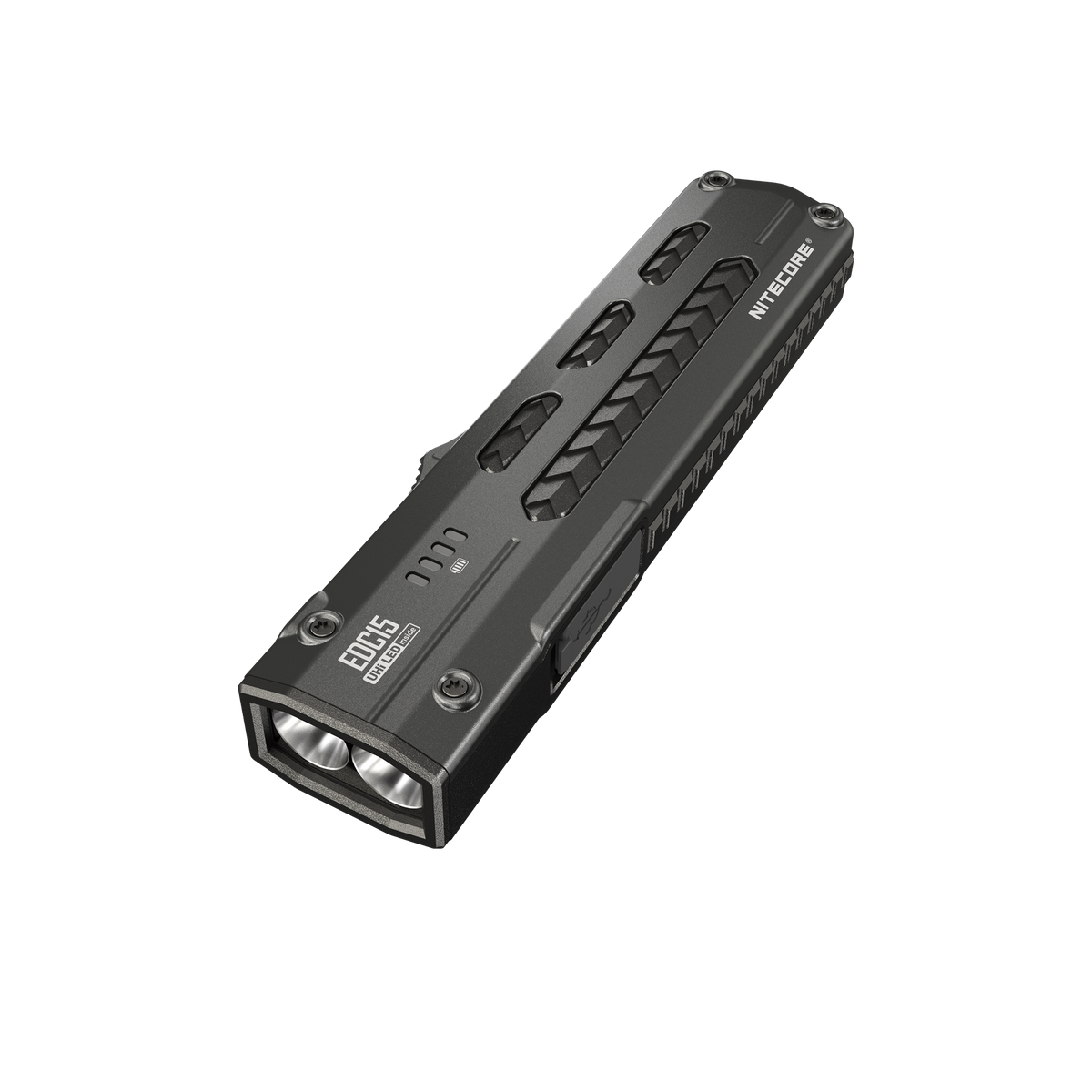A black LED flashlight with a textured grip, with text that says 'NITRECORE' and 'EDC15' printed on its side, shown on a plain white background.