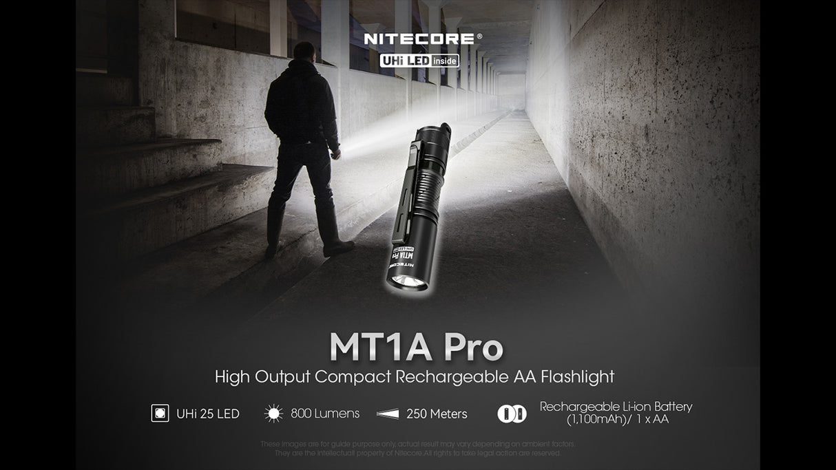 Man illuminating a concrete hallway with MT1A Pro promotional content; flashlight graphic and text "MT1A Pro High Output Compact Rechargeable AA Flashlight".