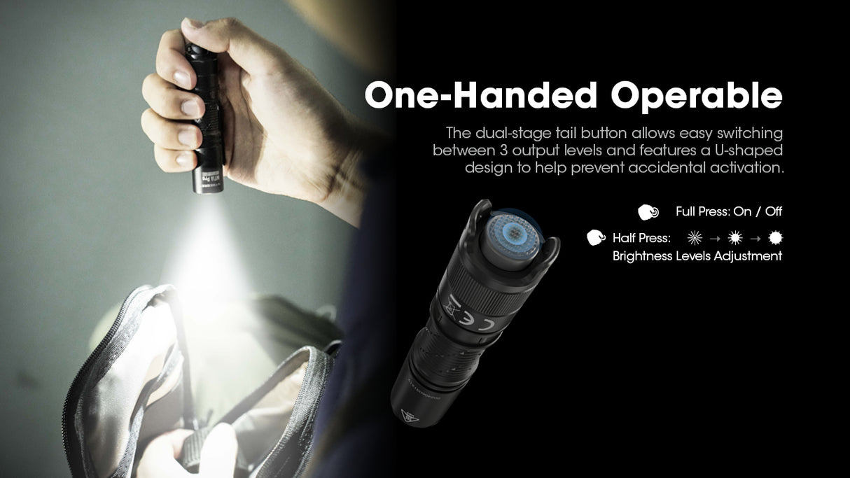 A person searching through their bag with a flashlight in hand and promotional text "One-Handed Operable"