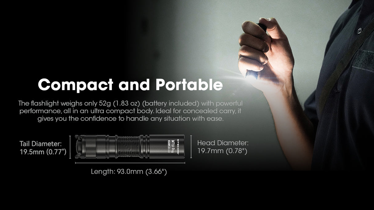 Hand holding the MT1A Pro illuminating the ground below and promotional text "Compact and Portable" with a diagram showing the dimensions.