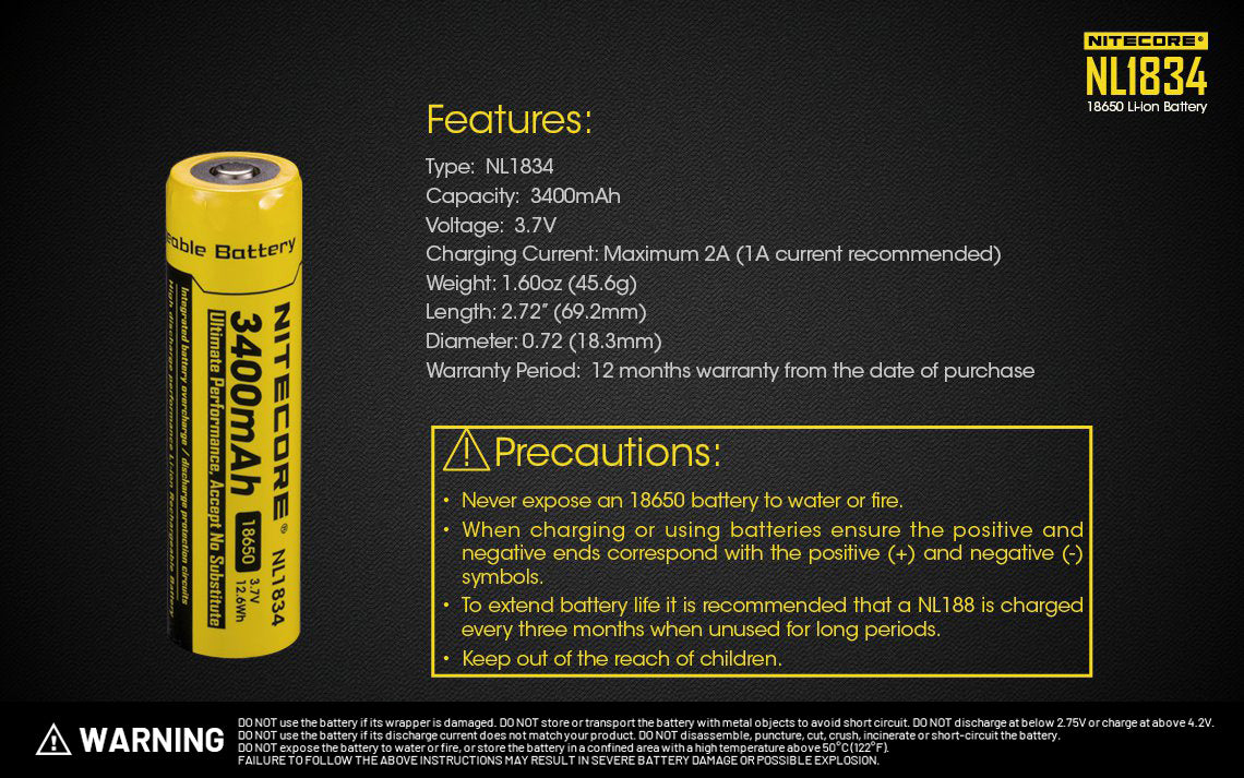 Nitecore NL1834 3400mAh Rechargeable 18650 Battery