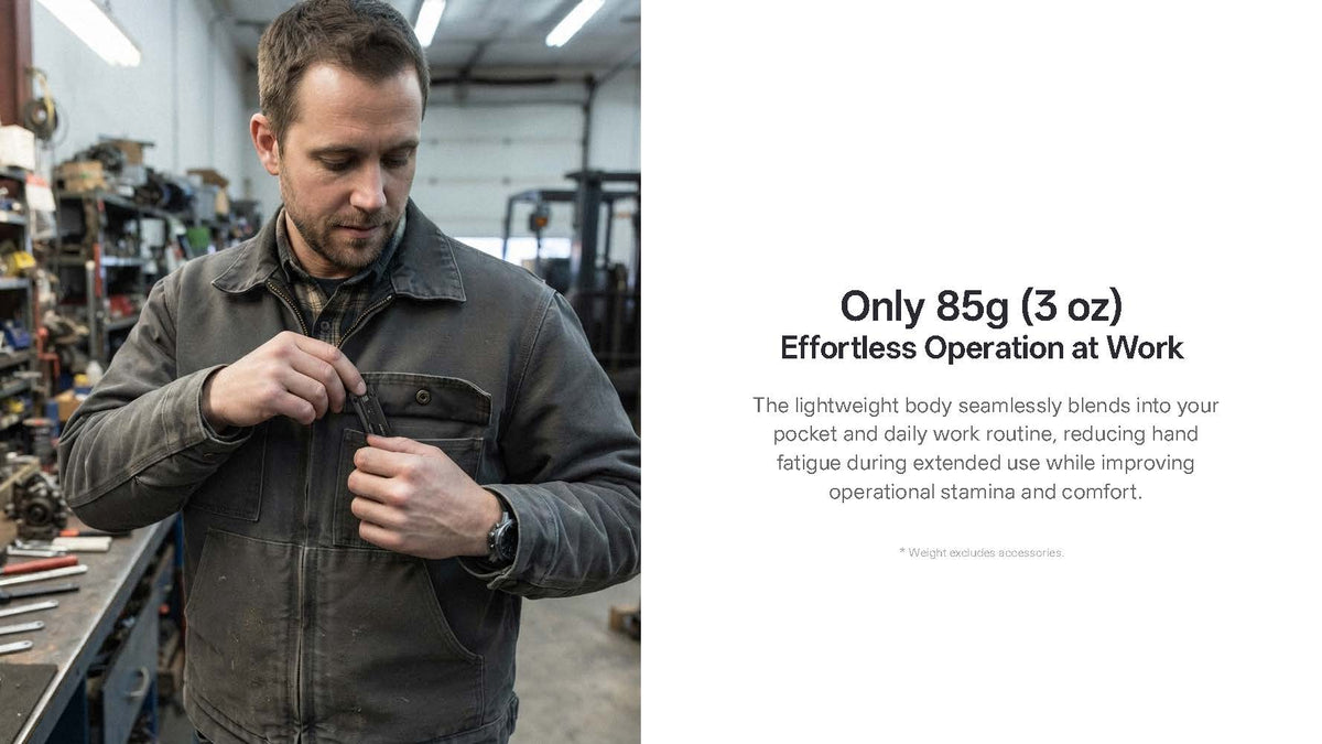 A man in a workshop wearing a dark brown work jacket, shown putting the EDC15 in the front pocket. The right side of the image features a white background with black text detailing the lightweight 85g (3 oz) body of the jacket.