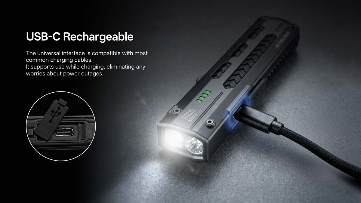 An LED flashlight with a USB-C port, shown connected to a charging cable on a dark textured surface. The image includes text highlighting its 'USB-C Rechargeable' feature and a circular inset showing the USB-C connector detail.