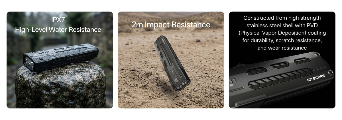A three-panel promotional graphic showing a black tactical flashlight on rocks and sand, with text highlighting IPX7 high-level water resistance, 2m impact resistance, and construction from high strength stainless steel with PVD coating.
