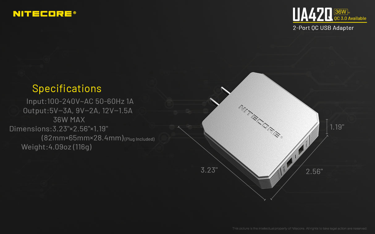 Nitecore UA42Q 2-Port QC USB 2.0 & 3.0 Power Adapter