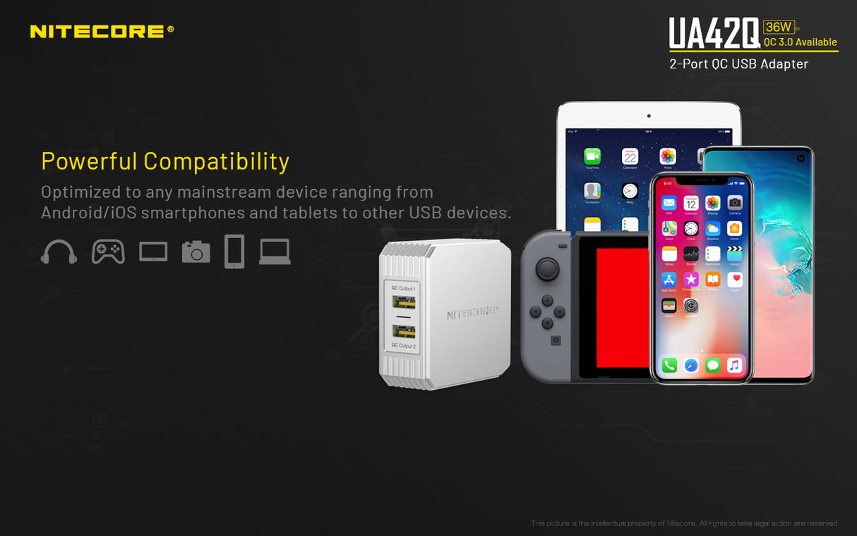 Nitecore UA42Q 2-Port QC USB 2.0 & 3.0 Power Adapter