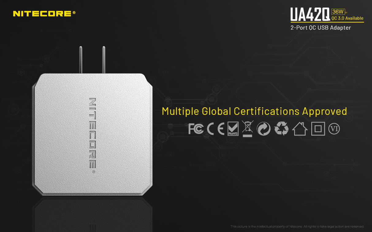 Nitecore UA42Q 2-Port QC USB 2.0 & 3.0 Power Adapter