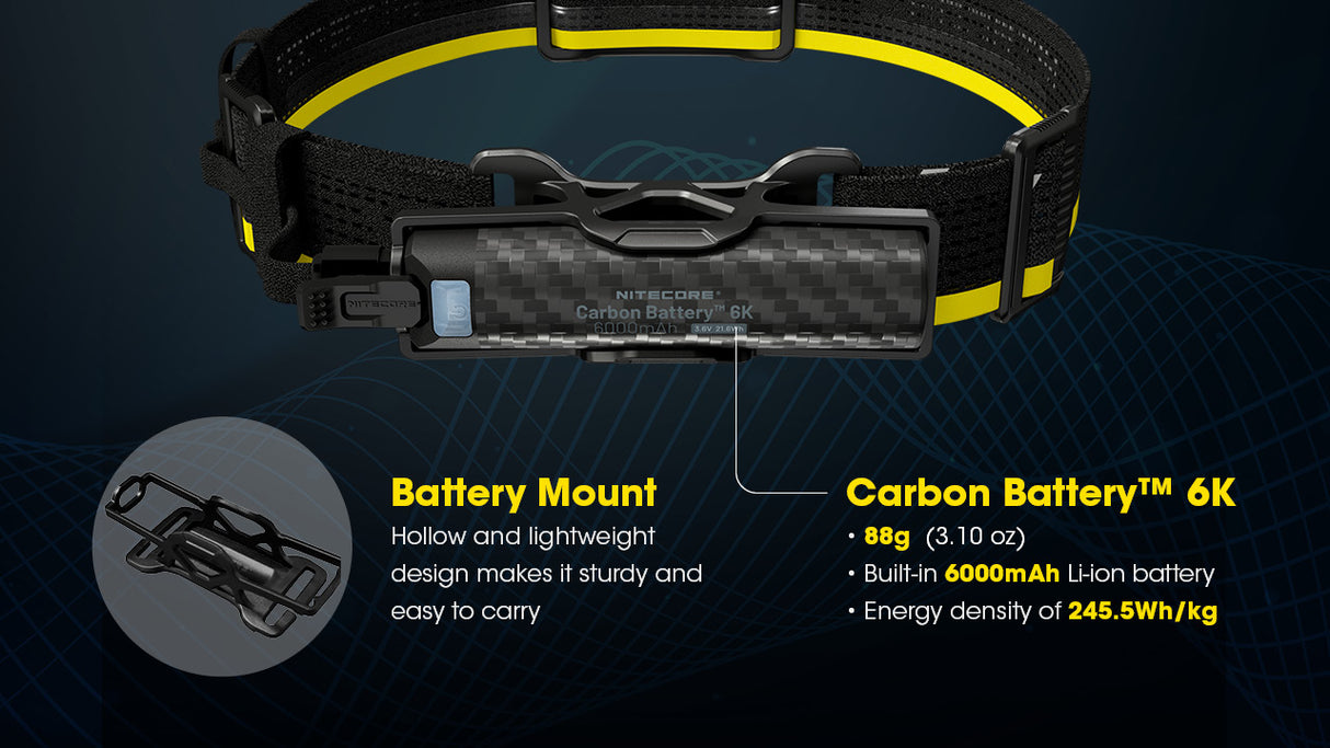 Nitecore Carbon Battery 6K Extended Headlamp Runtime Kit for NU43, NU45, NU53 and HC60 UHE, HC65 UHE, HC70 UHE, and HC75 UHE Headlamps