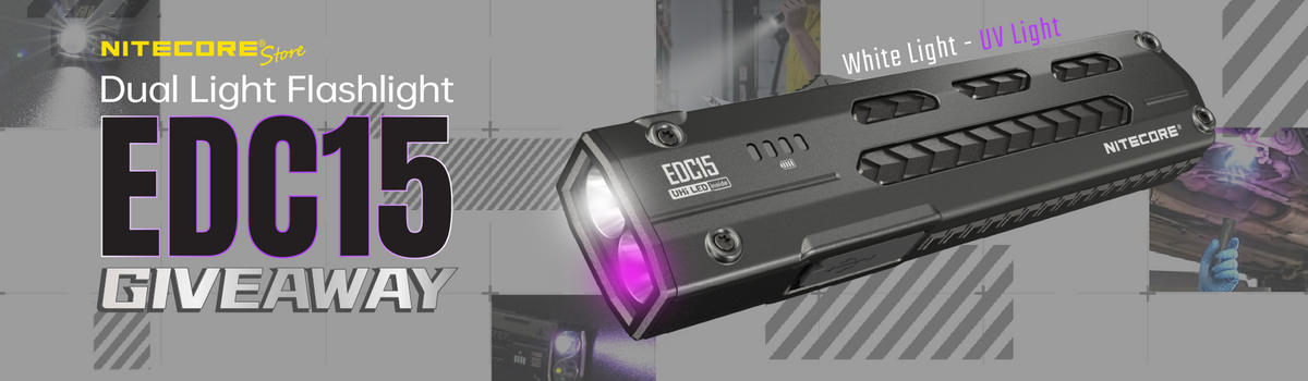 Promotional graphic for a Nitecore EDC15 dual light flashlight giveaway, showing the black flashlight with glowing purple and white lights against a dark gray background with large text.