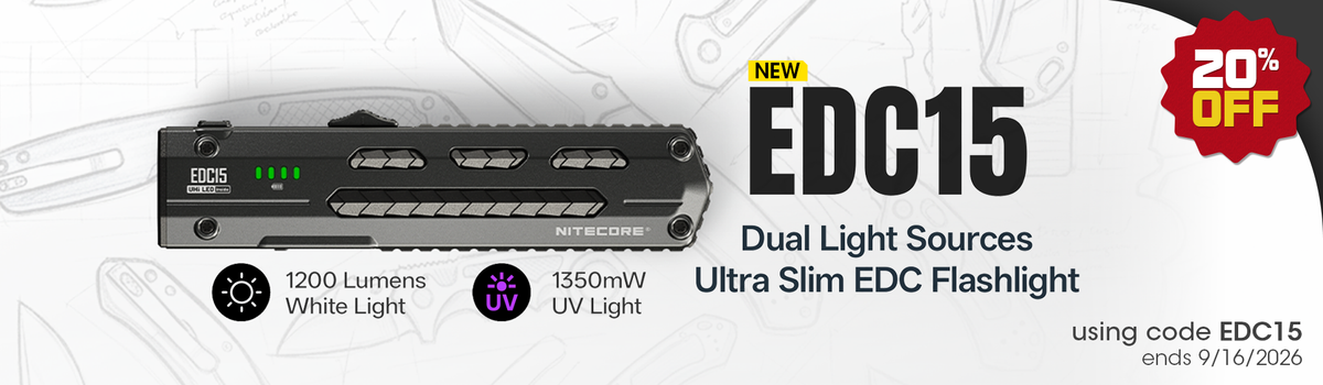 Promotional banner for the EDC15 ultra slim EDC flashlight, showing the black dual-light source flashlight on a white background with text highlighting 1200 lumens white light and 1550mW UV light, plus a red 20% off badge and text at the bottom that says "Using code EDC15; ends 9/16/2026"