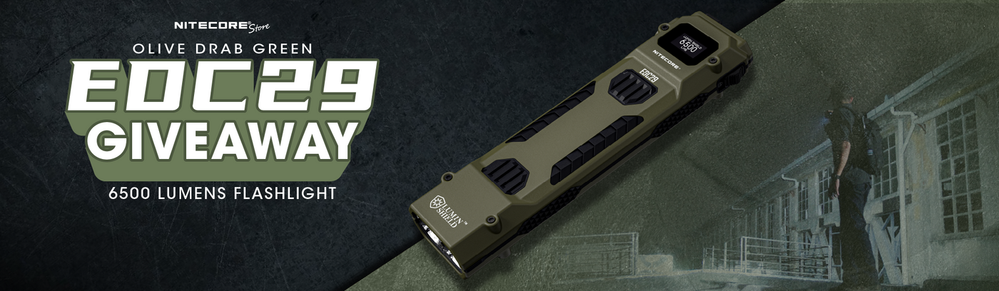 Nitecore EDC29 in Olive Drab Green shown diagonally on a split dark background with promotional text 'EDC29 GIVEAWAY' and "Olive Drab Green 6500 Lumens Flashlight"