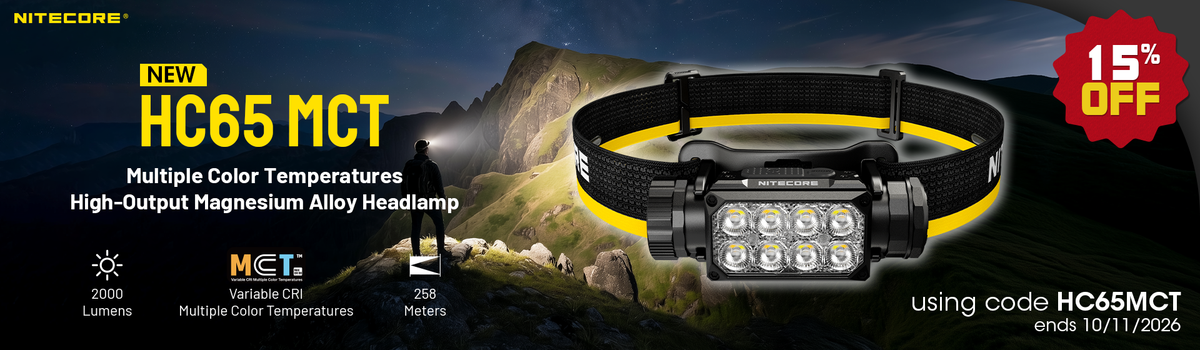 Nitecore HC65 MCT Multiple Color Temperature Headlamp promotional banner at 15% off using code HC65MCT and ends 10/11/2026.