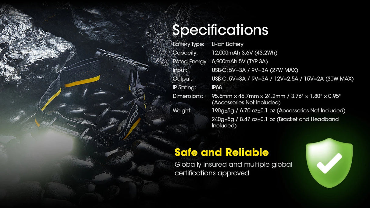 Nitecore Carbon Battery 12K Extended Headlamp Runtime Kit for NU45, NU53, HC65 UHE, and More
