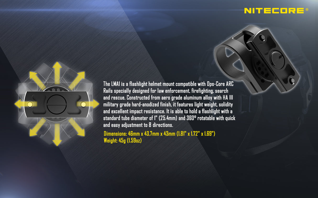 Nitecore LMA1 Rotary Flashlight Helmet Mount