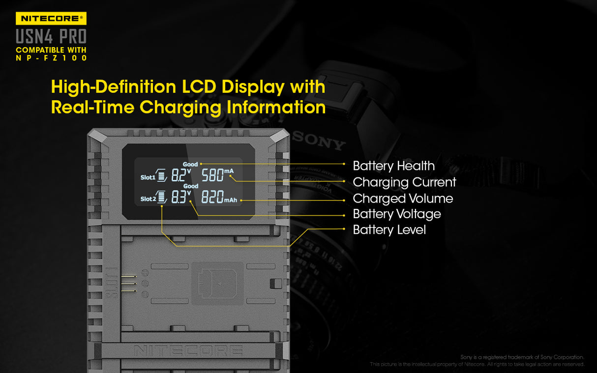 Nitecore USN4 Pro Dual-Slot USB-C Camera Charger, for Sony NP-FZ100 Batteries