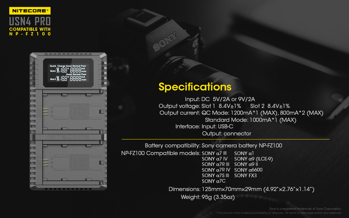 Nitecore USN4 Pro Dual-Slot USB-C Camera Charger, for Sony NP-FZ100 Batteries