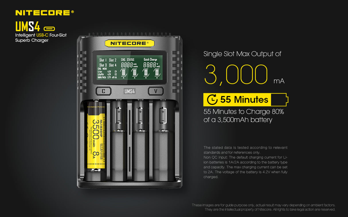 Nitecore UMS4 USB Four-Slot USB-C Fast Charger, for 18650, 21700 Batteries