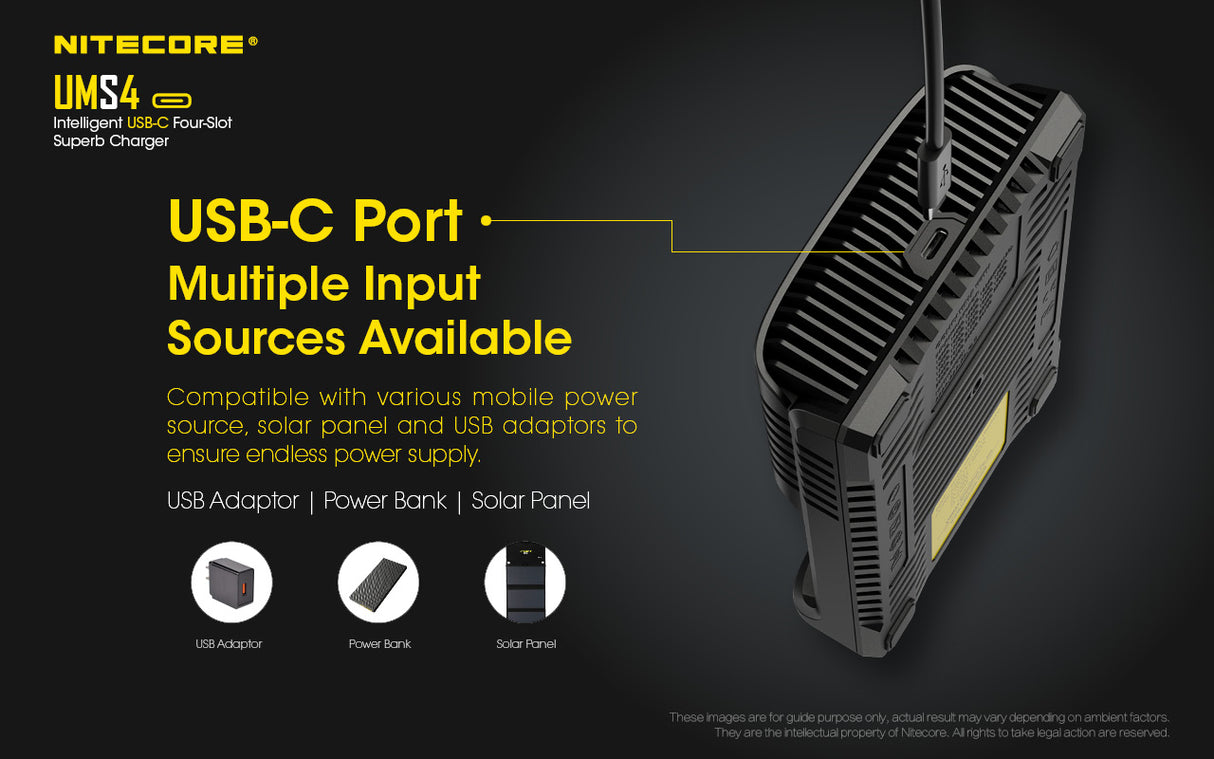 Nitecore UMS4 USB Four-Slot USB-C Fast Charger, for 18650, 21700 Batteries