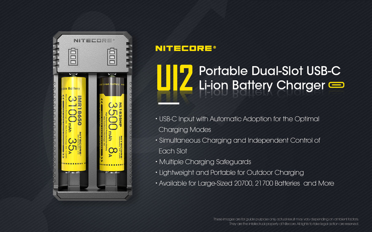 Nitecore UI2 Dual-Slot USB-C Charger, for 18650, 21700, 18350, 20700 Batteries