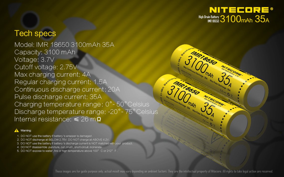 Nitecore IMR 3100mAh 2 Pack 35A Flat Top 18650 Batteries for Vaping Devices