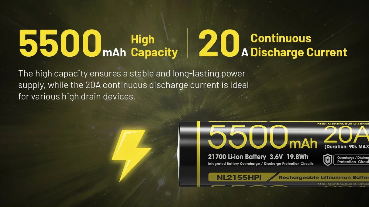 Nitecore NL2155HPi 5500mAh Rechargeable 21700 Battery for i Series (P20iX, P23i, SRT7i, and More)